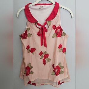Disney Tank Top Women's XS Mesh Embroidered Floral Pink Red Tie Lauren Conrad